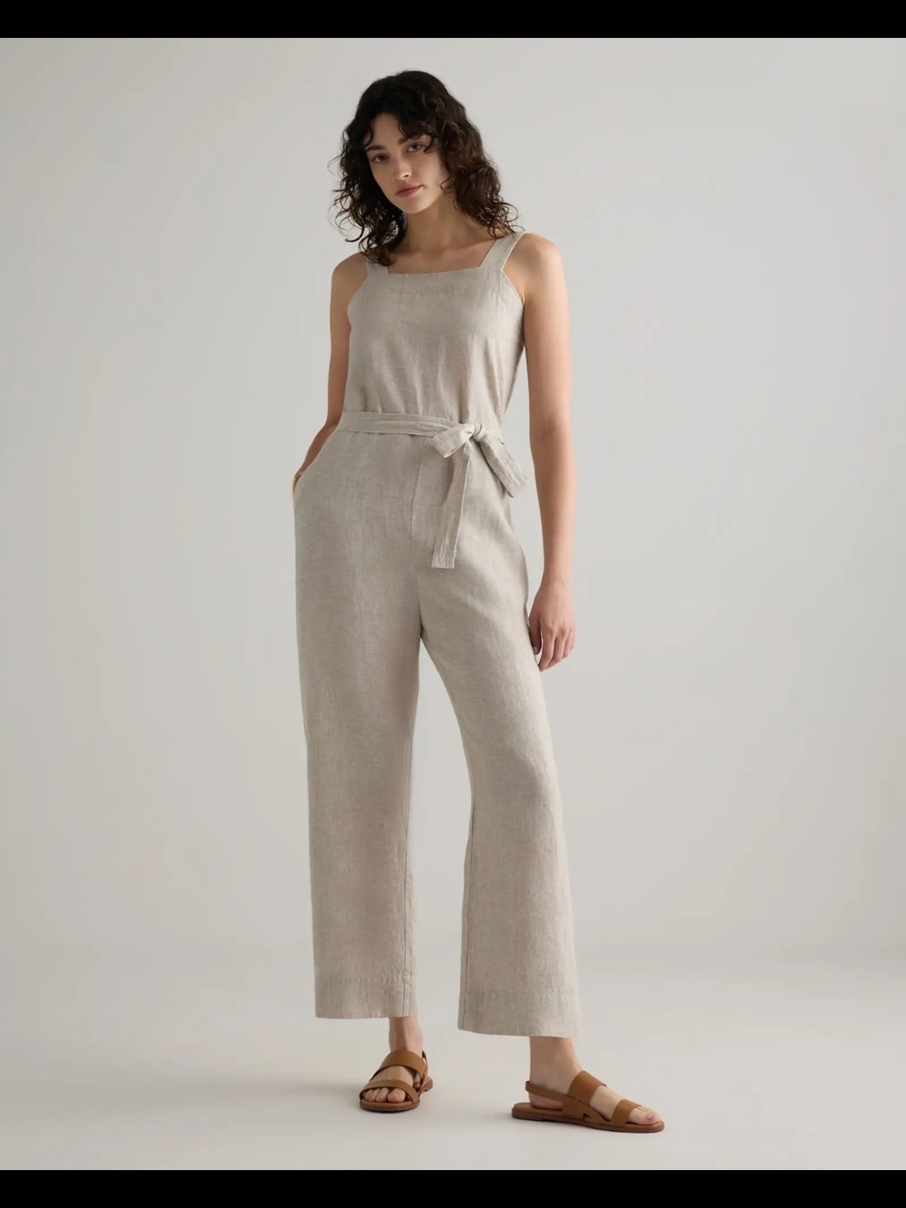 Quince NWOT 100% Linen Square Neck Belted Jumpsuit Flax Beige Size Medium